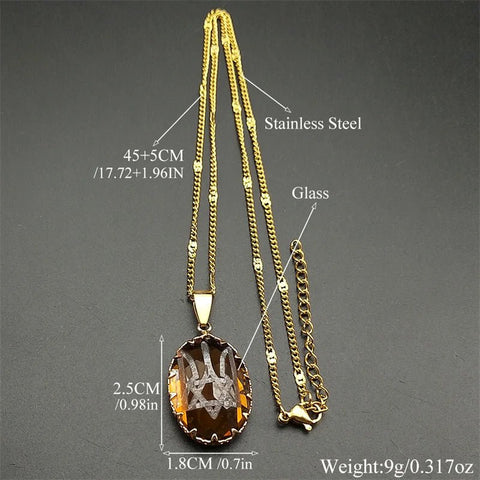 Tryzub Trident Magen Star of David Symbols Glass Oval Pendant Necklace for Women Men Hexagram Stainless Steel Chain Jewelry - Memorialine