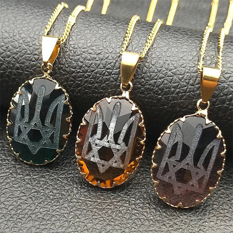 Tryzub Trident Magen Star of David Symbols Glass Oval Pendant Necklace for Women Men Hexagram Stainless Steel Chain Jewelry - Memorialine