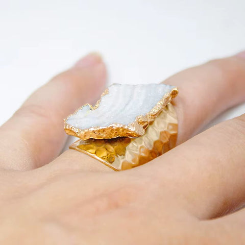 Unique Irregular Sun Agate Quartz Druzy Stone Ring - Adjustable Gold Color Open Finger Jewelry for Women - Memorialine