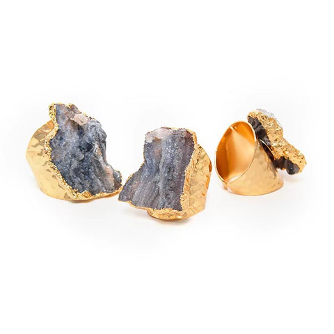 Unique Irregular Sun Agate Quartz Druzy Stone Ring - Adjustable Gold Color Open Finger Jewelry for Women - Memorialine
