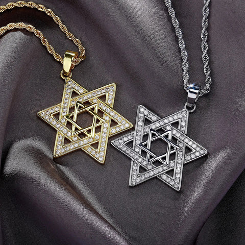 Unisex Iced Out Cubic Zirconia Gothic Star of David Pendant Necklace Gold Silver Color Hexagram Chain Hip Hop Jewelry - Memorialine
