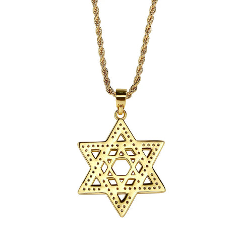 Unisex Iced Out Cubic Zirconia Gothic Star of David Pendant Necklace Gold Silver Color Hexagram Chain Hip Hop Jewelry - Memorialine