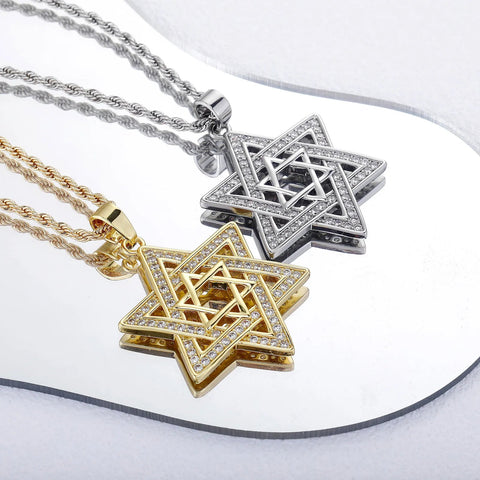 Unisex Iced Out Cubic Zirconia Gothic Star of David Pendant Necklace Gold Silver Color Hexagram Chain Hip Hop Jewelry - Memorialine