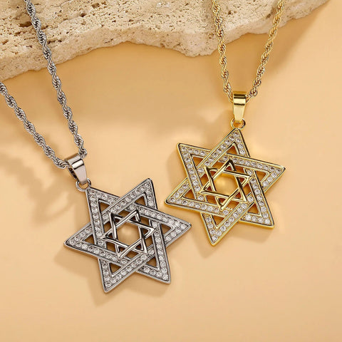 Unisex Iced Out Cubic Zirconia Gothic Star of David Pendant Necklace Gold Silver Color Hexagram Chain Hip Hop Jewelry - Memorialine