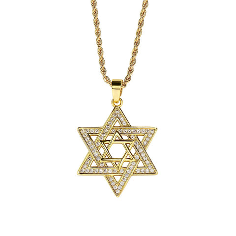 Unisex Iced Out Cubic Zirconia Gothic Star of David Pendant Necklace Gold Silver Color Hexagram Chain Hip Hop Jewelry - Memorialine