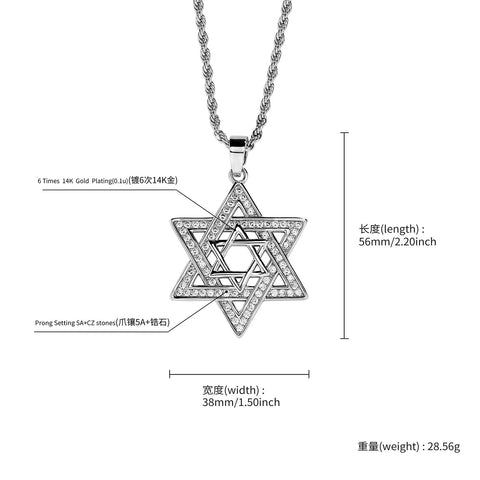 Unisex Iced Out Cubic Zirconia Gothic Star of David Pendant Necklace Gold Silver Color Hexagram Chain Hip Hop Jewelry - Memorialine
