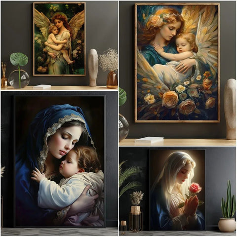 Vintage Catholic Poster Print Jesus Wall Art Holy Mother Maria Canvas Painting Living Room Bedroom Decoration - Memorialine